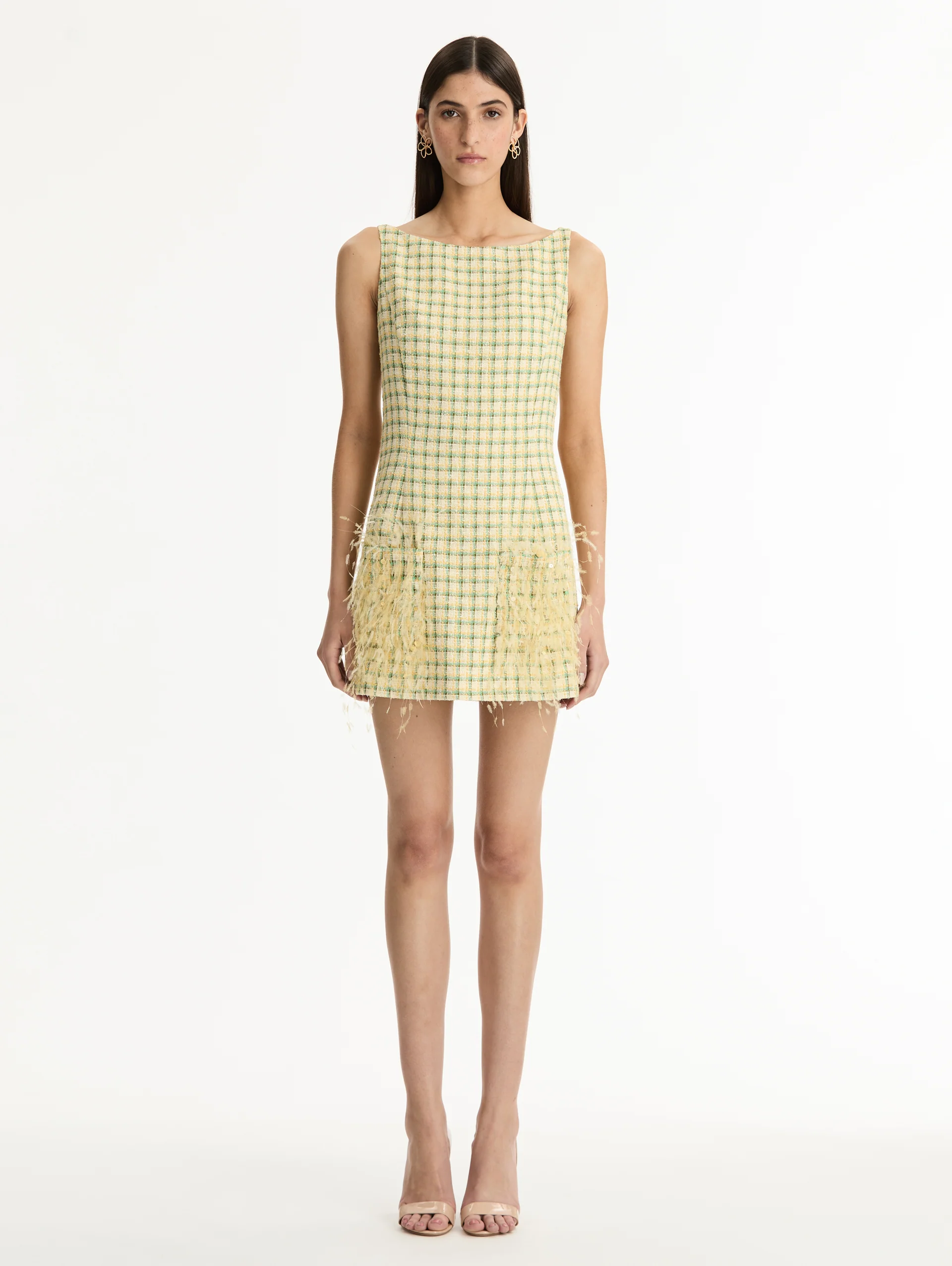 Point d’Esprit Feather Embroidered Checked Tweed Dress - Image 2