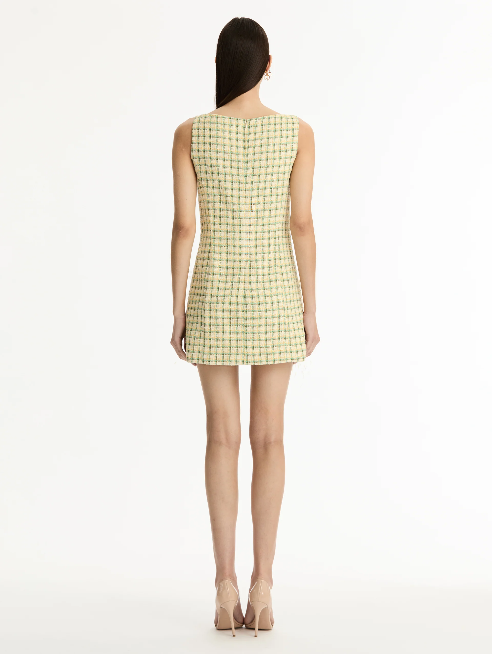 Point d’Esprit Feather Embroidered Checked Tweed Dress - Image 3
