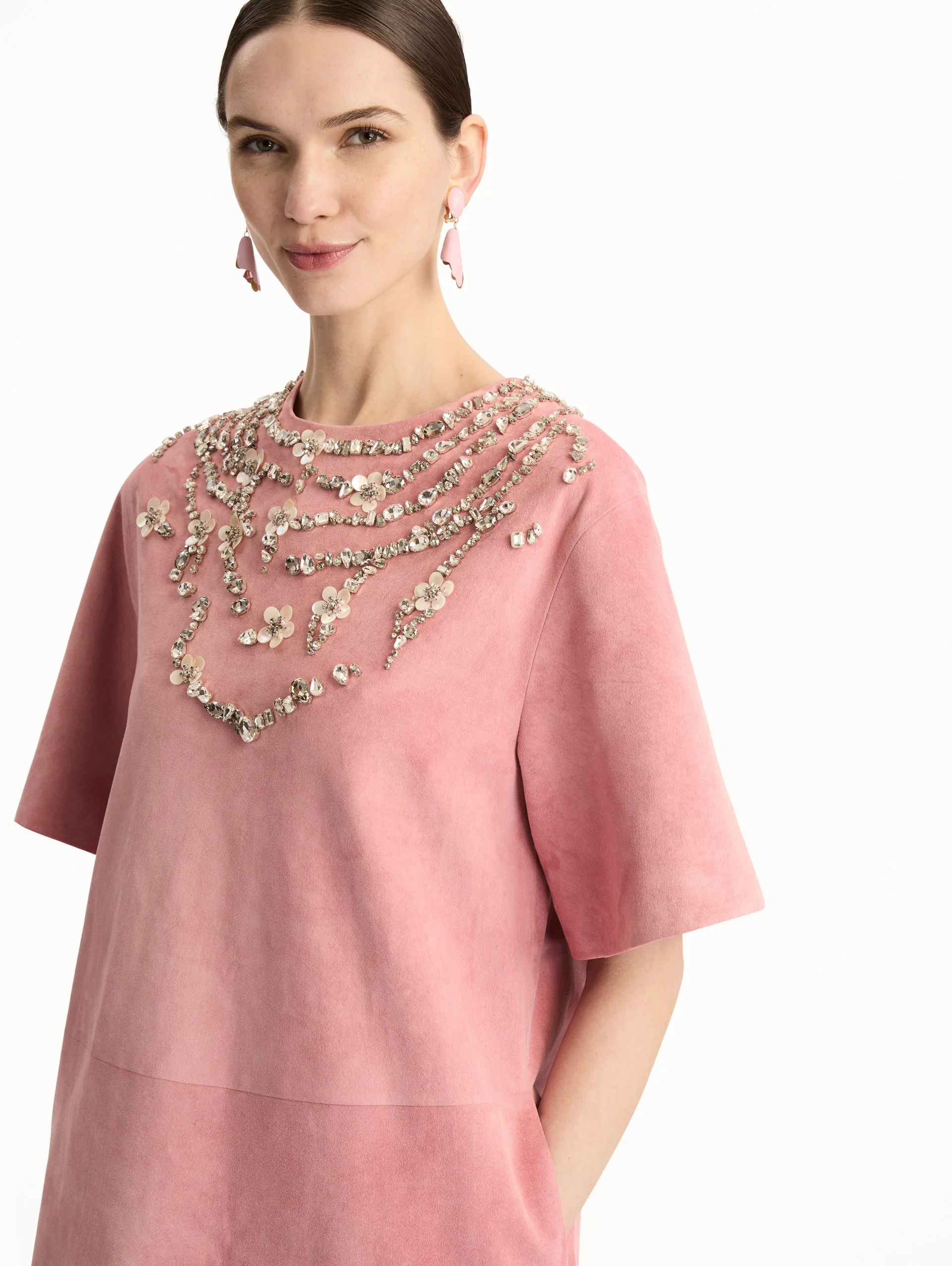 Crystal Necklace Embroidered Suede Dress - Image 5