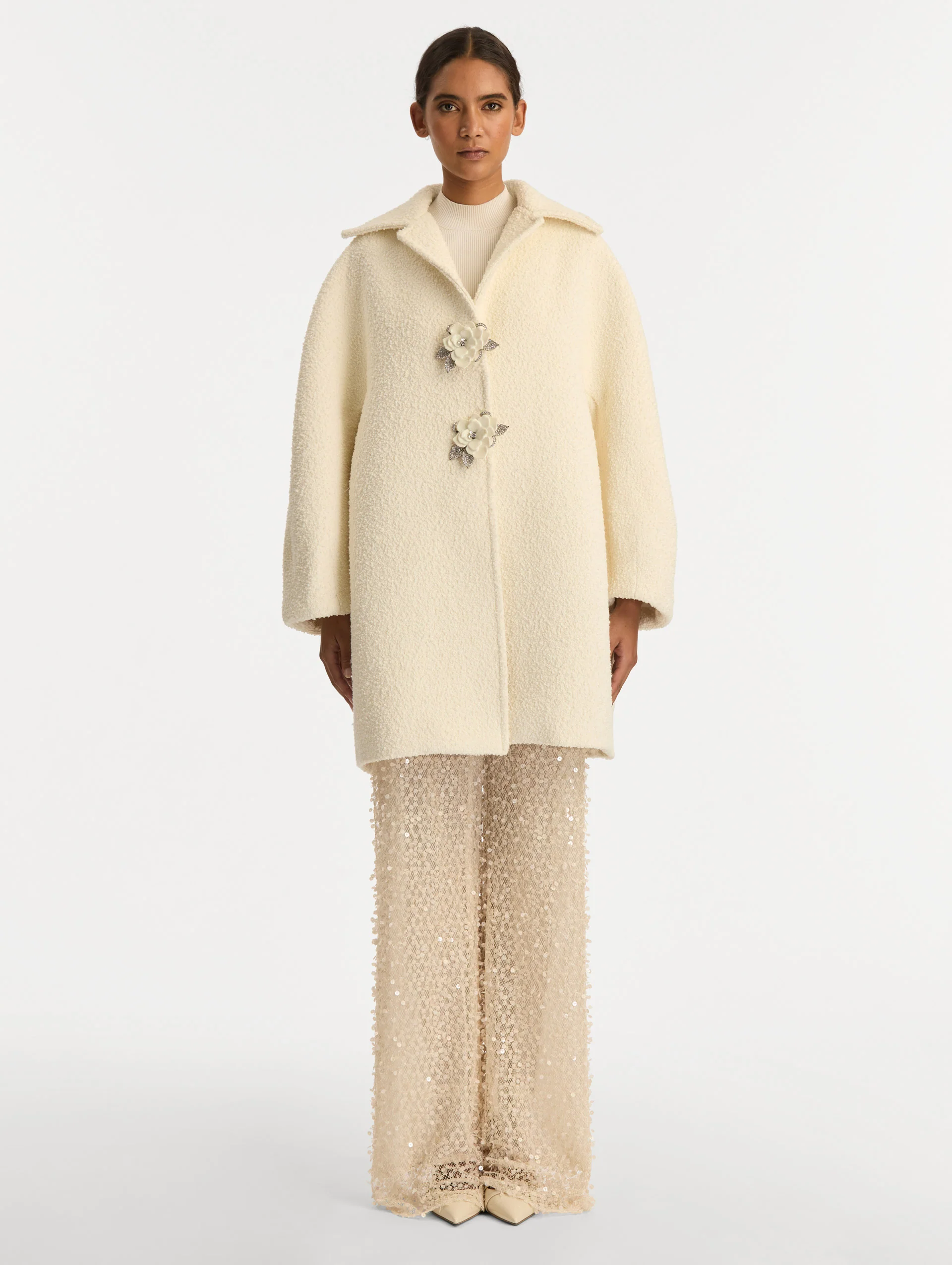 Floral Button Bouclé Tweed Coat - Image 3
