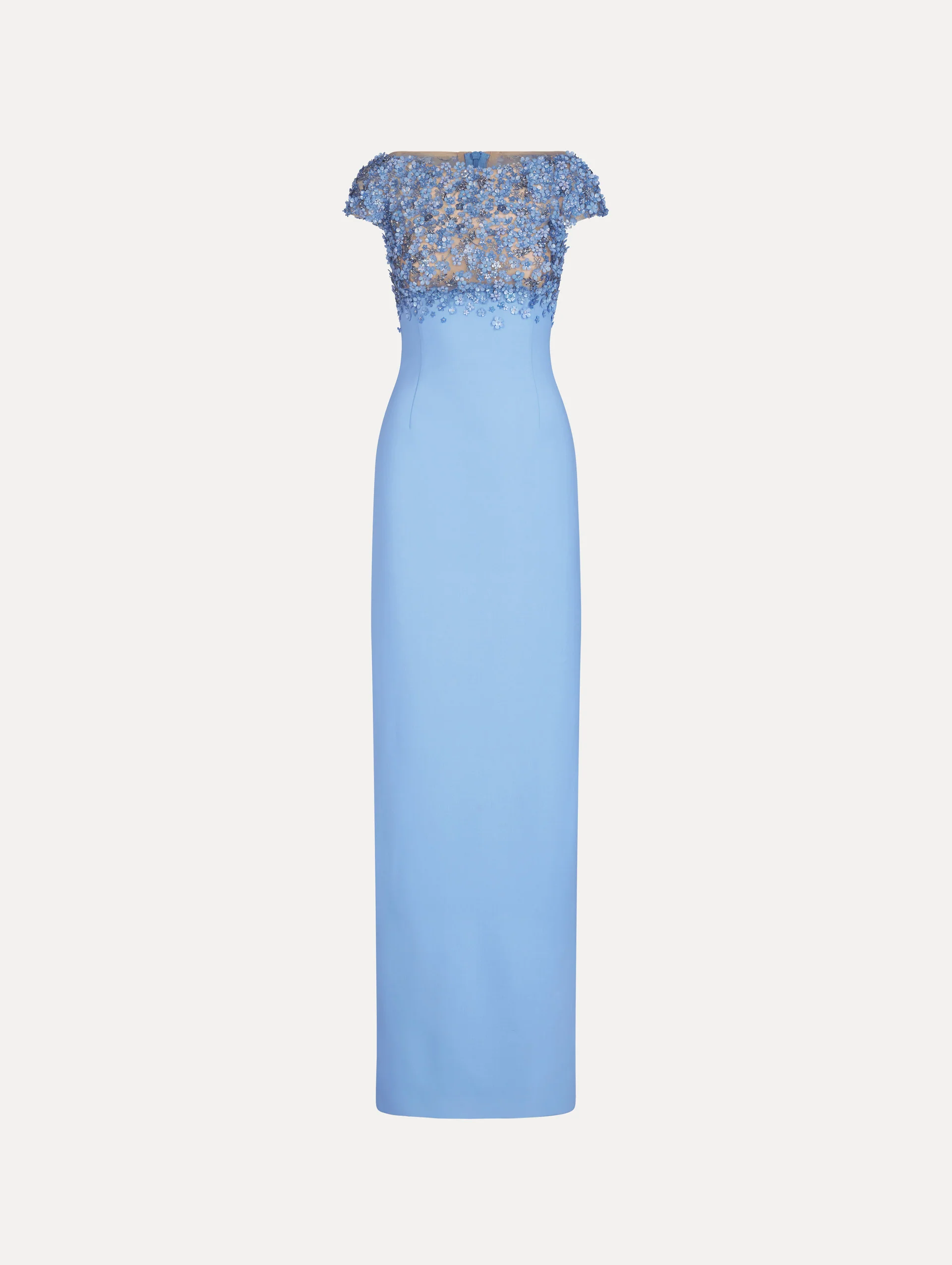 Porcelain Flower Embroidered Cap-Sleeve Gown